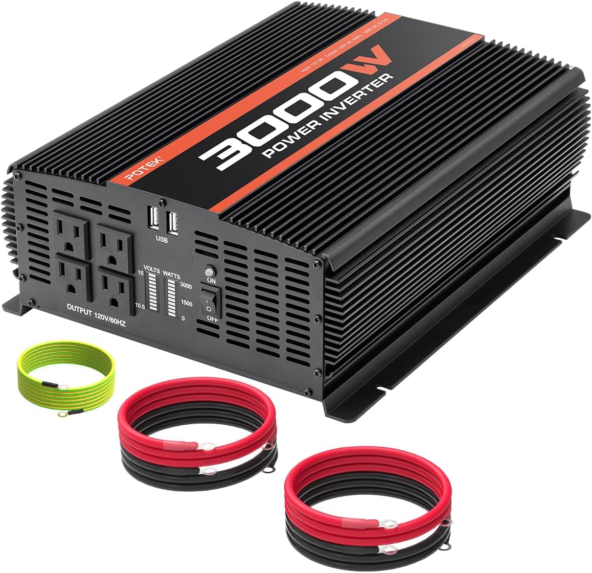 POTEK 3000W Power Inverter in black showing 4 AC outlets and 2 USB ports for RV and truck off-grid power usage.