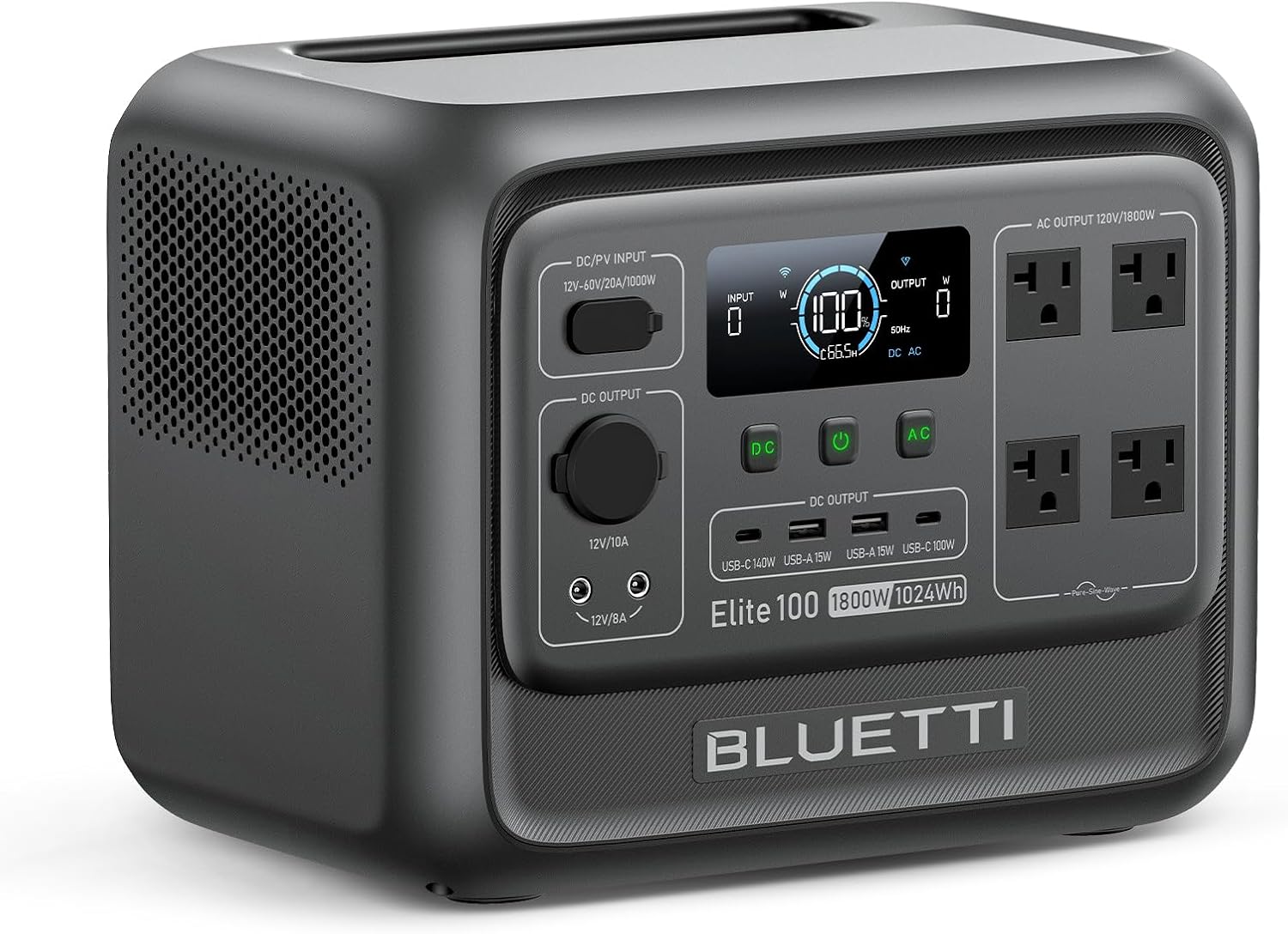 BLUETTI Elite 100 V2 portable power station sitting on a wooden camping table powering a laptop and a portable coffee maker with a forest background.