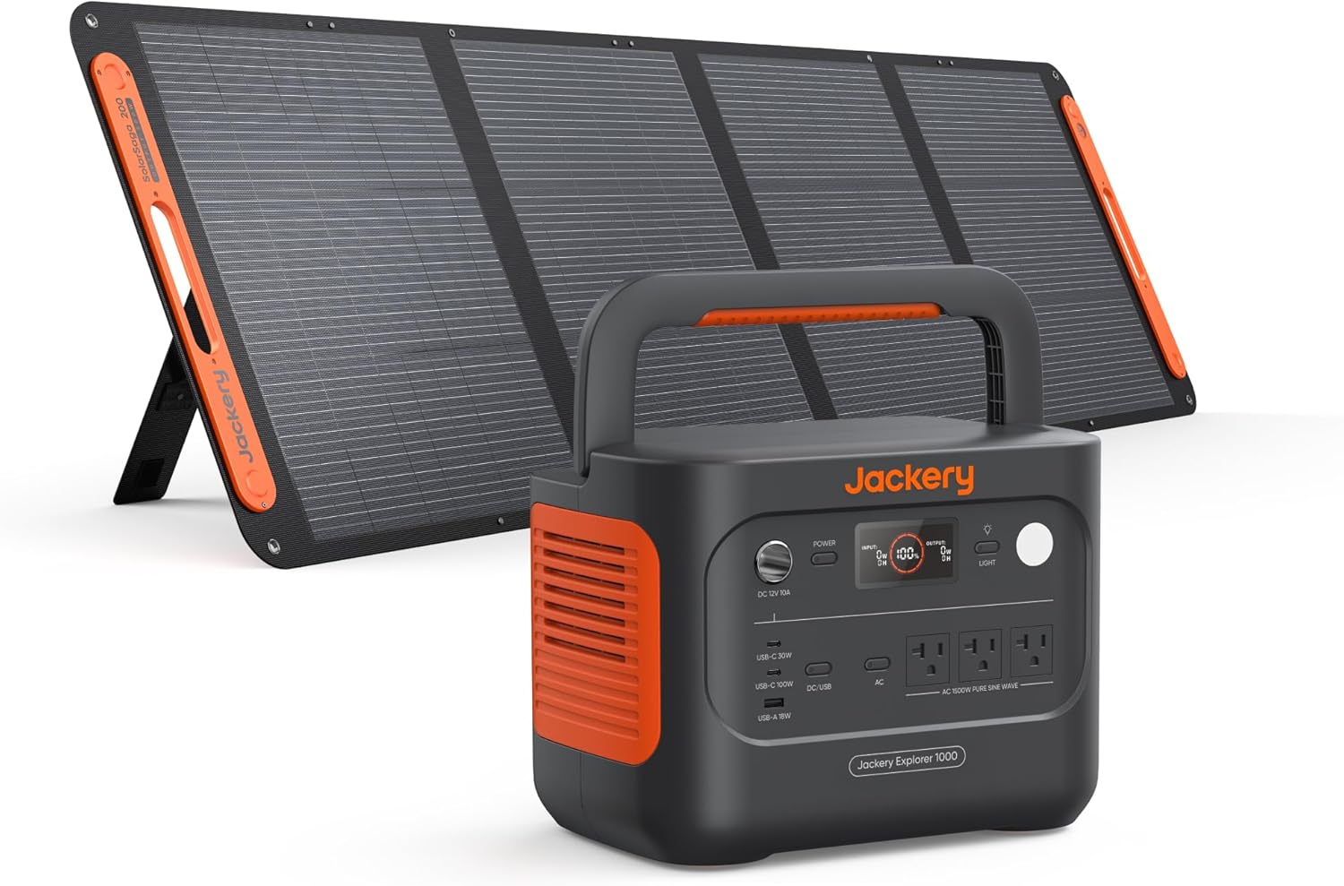 Jackery Solar Generator 1000 v2 with a 200W SolarSaga panel charging in a sunny mountain campsite.