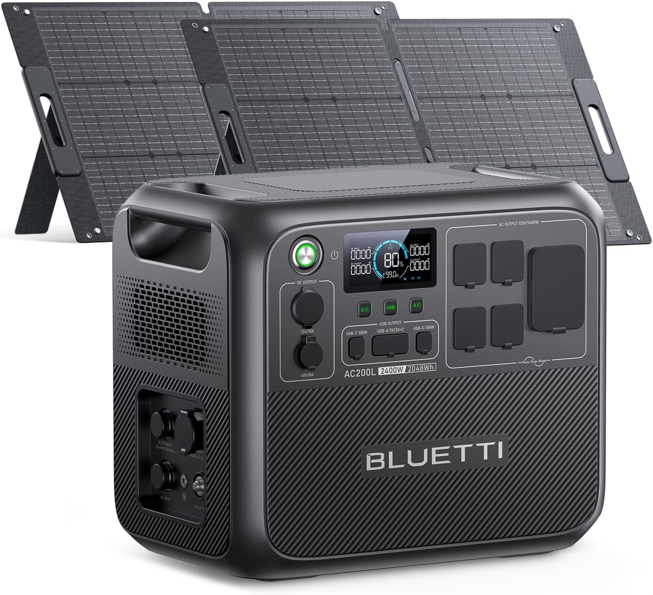 The BLUETTI AC200L solar generator with two 100W solar panels set up in a sunny campsite next to a modern camper van.