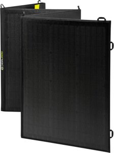 Goal Zero Nomad 200 Watt Solar Panel folded and standing on a rocky terrain during sunset