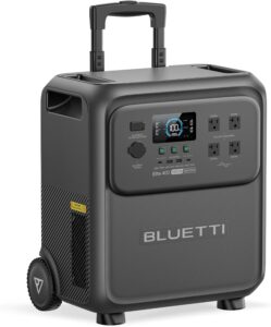 BLUETTI Elite 400 portable power station being wheeled across a patio with solar panels in the background