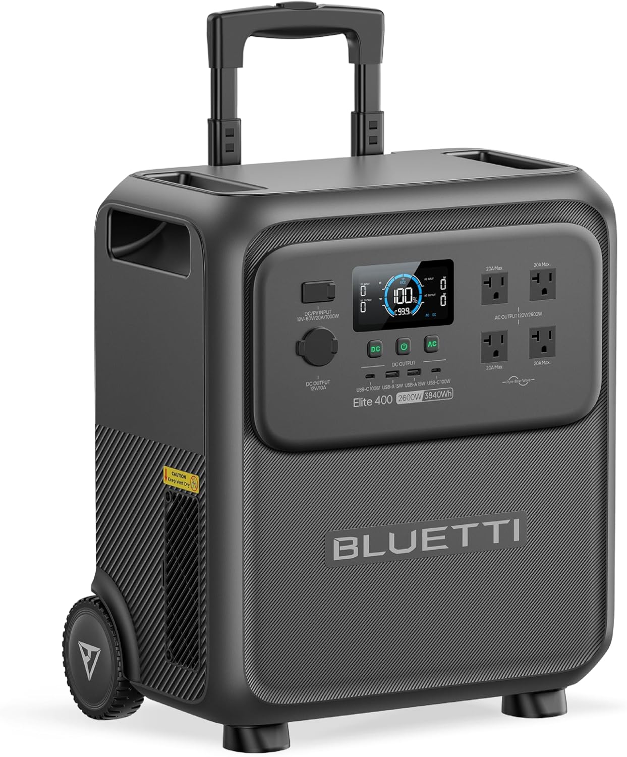 BLUETTI Elite 400 portable power station being wheeled across a patio with solar panels in the background