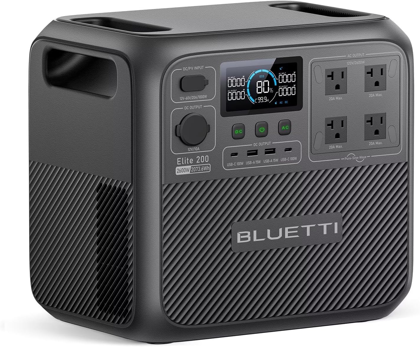 BLUETTI Elite 200 V2 portable power station being used to charge a laptop and power an electric cooler at a scenic mountain campsite