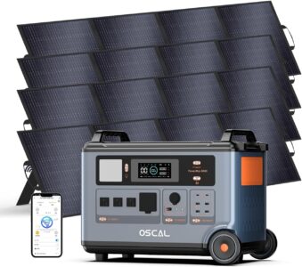 OSCAL PowerMax 6000 Solar Generator with 4 folding solar panels and LCD screen displaying 6000W output.