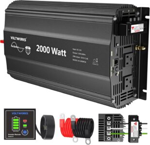 VOLTWORKS 2000W Pure Sine Wave Inverter showing the LCD display, AC outlets, and terminal block for off-grid solar installation.