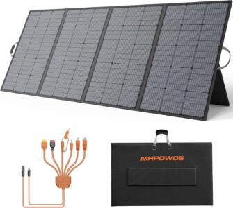 MHPOWOS 400W Portable Solar Panel unfolded in a sunny field with adjustable kickstands facing the sun