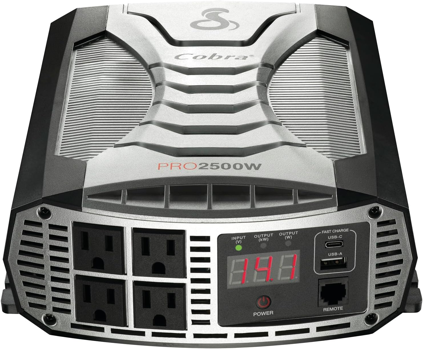 Cobra PRO 2500W professional grade power inverter showing the 4 AC outlets and the digital LCD display in a truck installation.