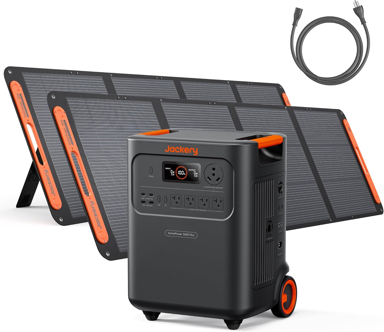 Jackery HomePower 3600 Plus portable power station with two 200W solar panels set up next to an RV in a sunny forest clearing.