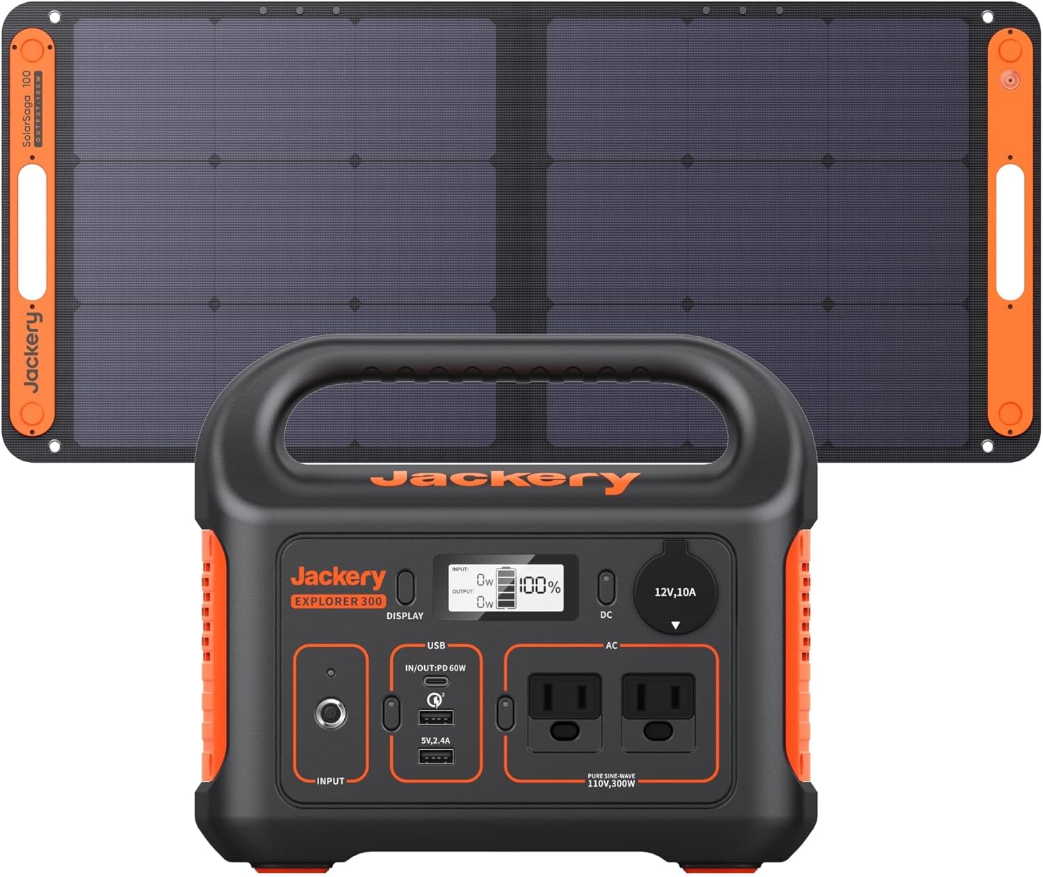 Jackery Solar Generator 300 portable power station with SolarSaga 100W panel set up on a sunny campsite.