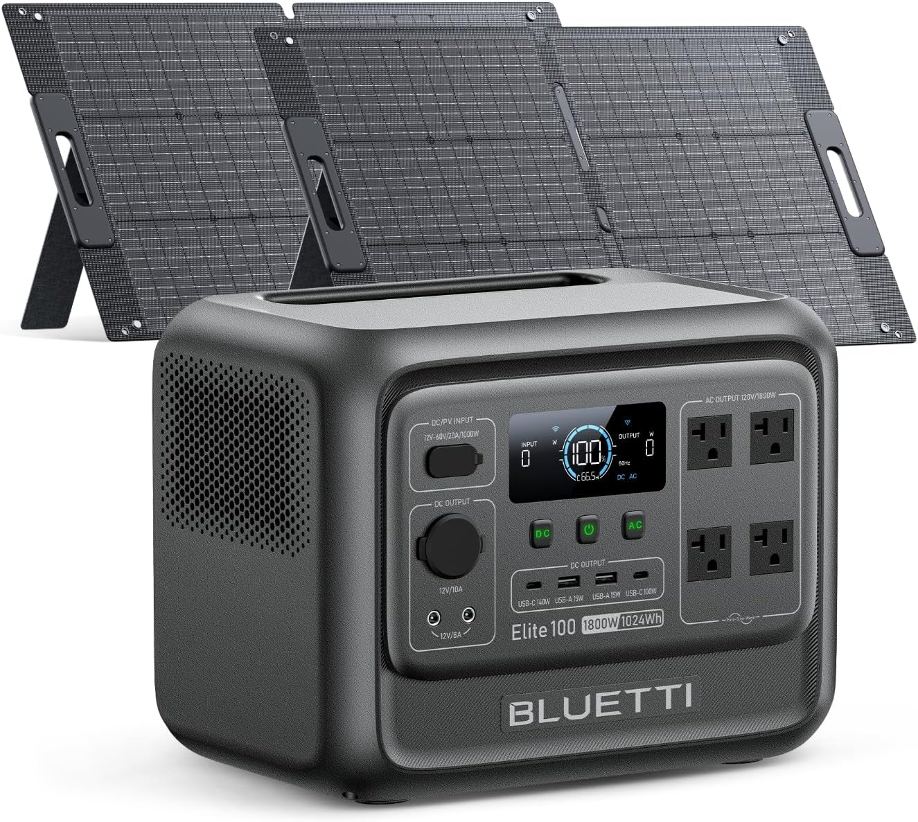 BLUETTI Elite 100 V2 portable power station with dual 100W solar panels setup in a sunny mountain campsite