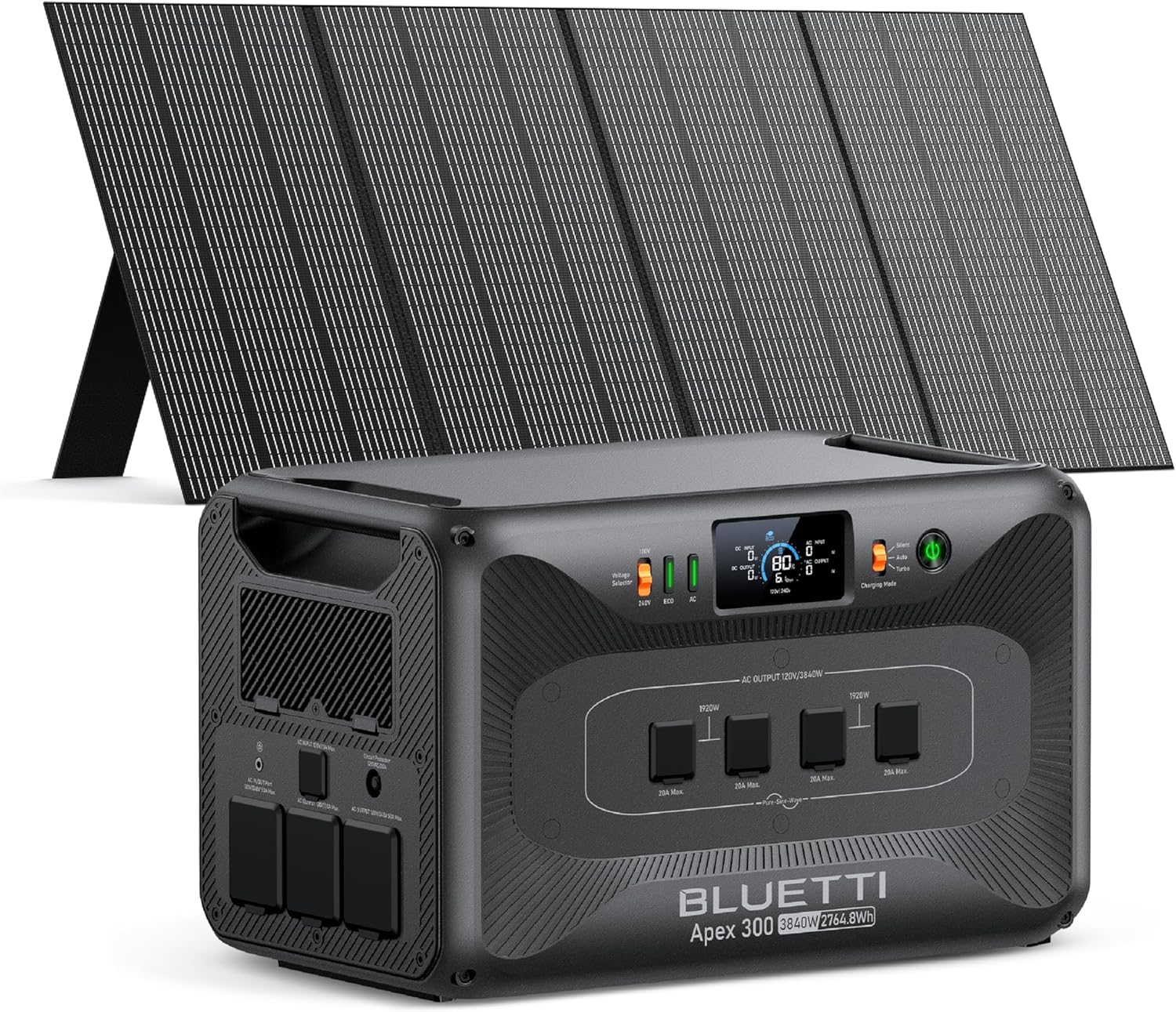 The new 2025 BLUETTI Apex 300 solar generator with its 350W solar panel deployed in a grassy campsite next to a modern camper van.