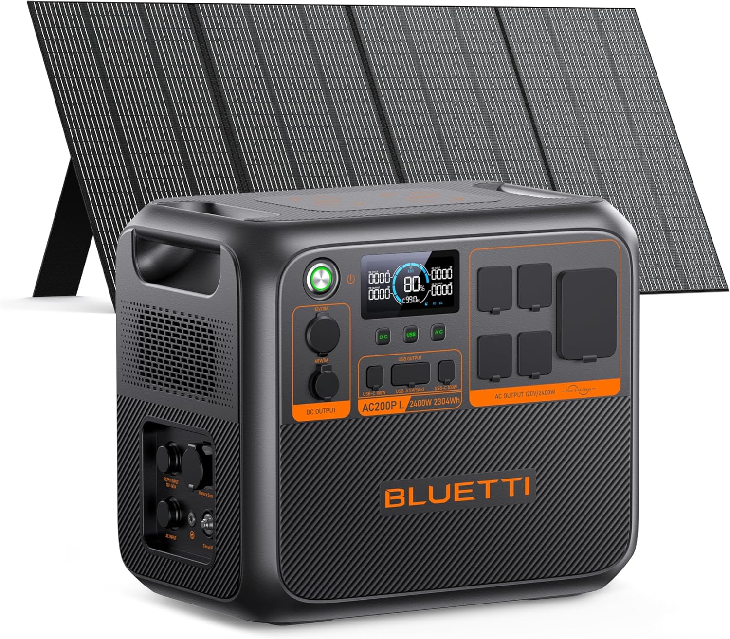 The BLUETTI AC200PL solar generator plugged into a travel trailer using the TT-30 port, with a 350W solar panel standing nearby.