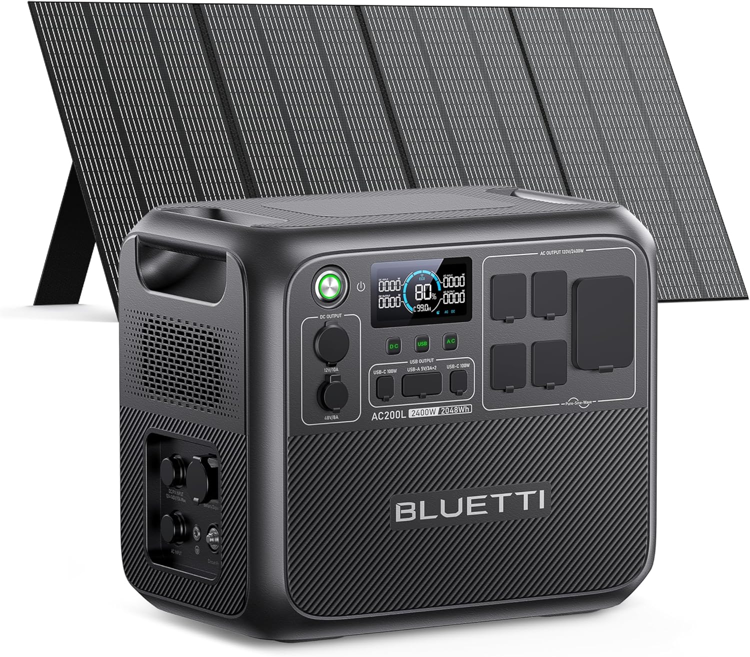 The BLUETTI AC200L solar generator with its 350W solar panel deployed in a sunny campsite next to a modern camper van.