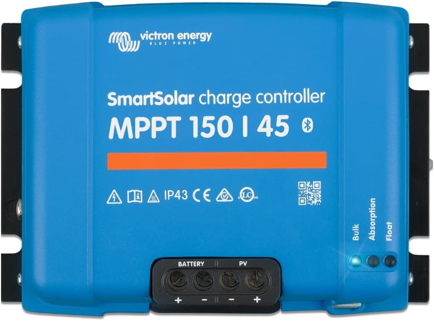 Victron SmartSolar MPPT 150/45 Solar Charge Controller installed in an RV electrical cabinet with blue Bluetooth LED active.