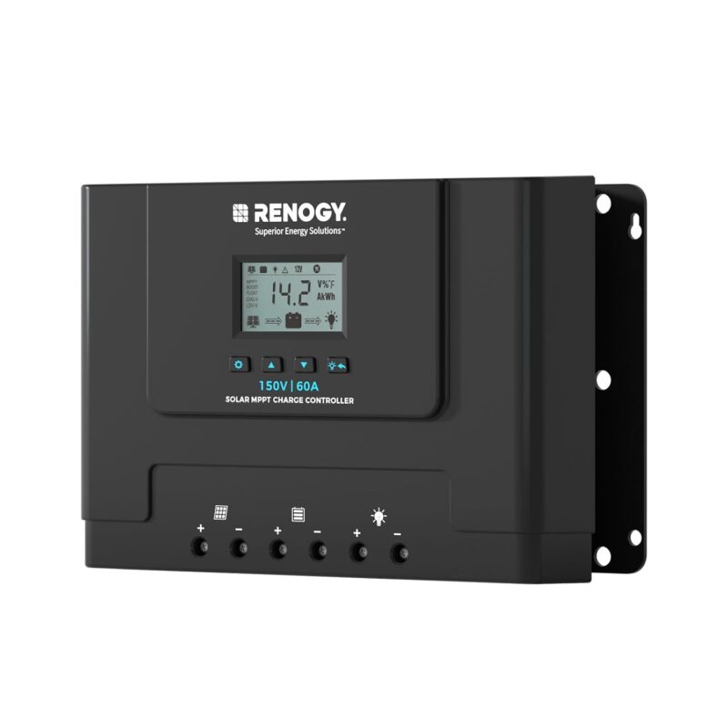 Renogy Rover Lite 60A MPPT Solar Charge Controller mounted on a wooden wall with LCD display showing battery voltage.