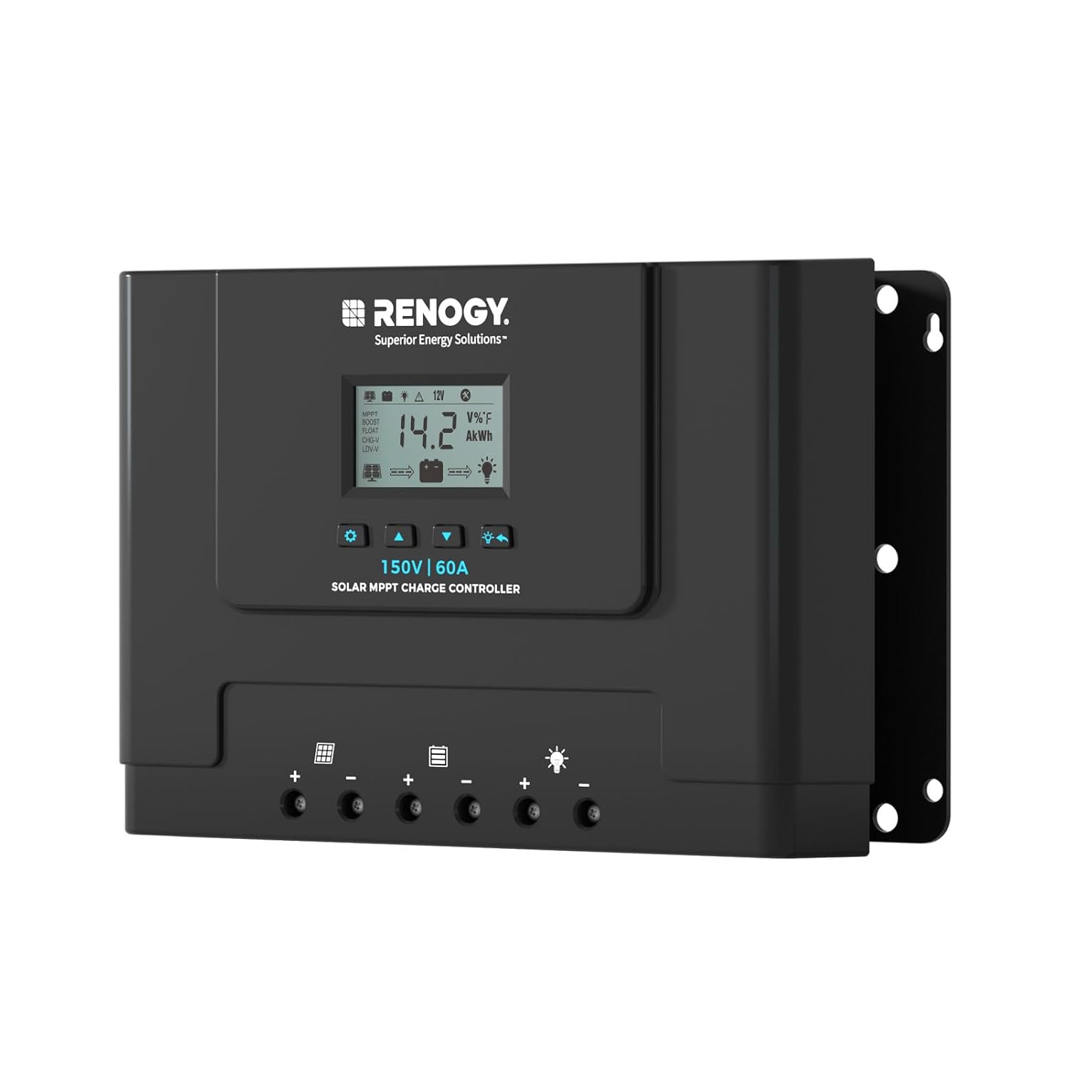 Renogy Rover Lite 60A MPPT Solar Charge Controller mounted on a wooden wall with LCD display showing battery voltage.
