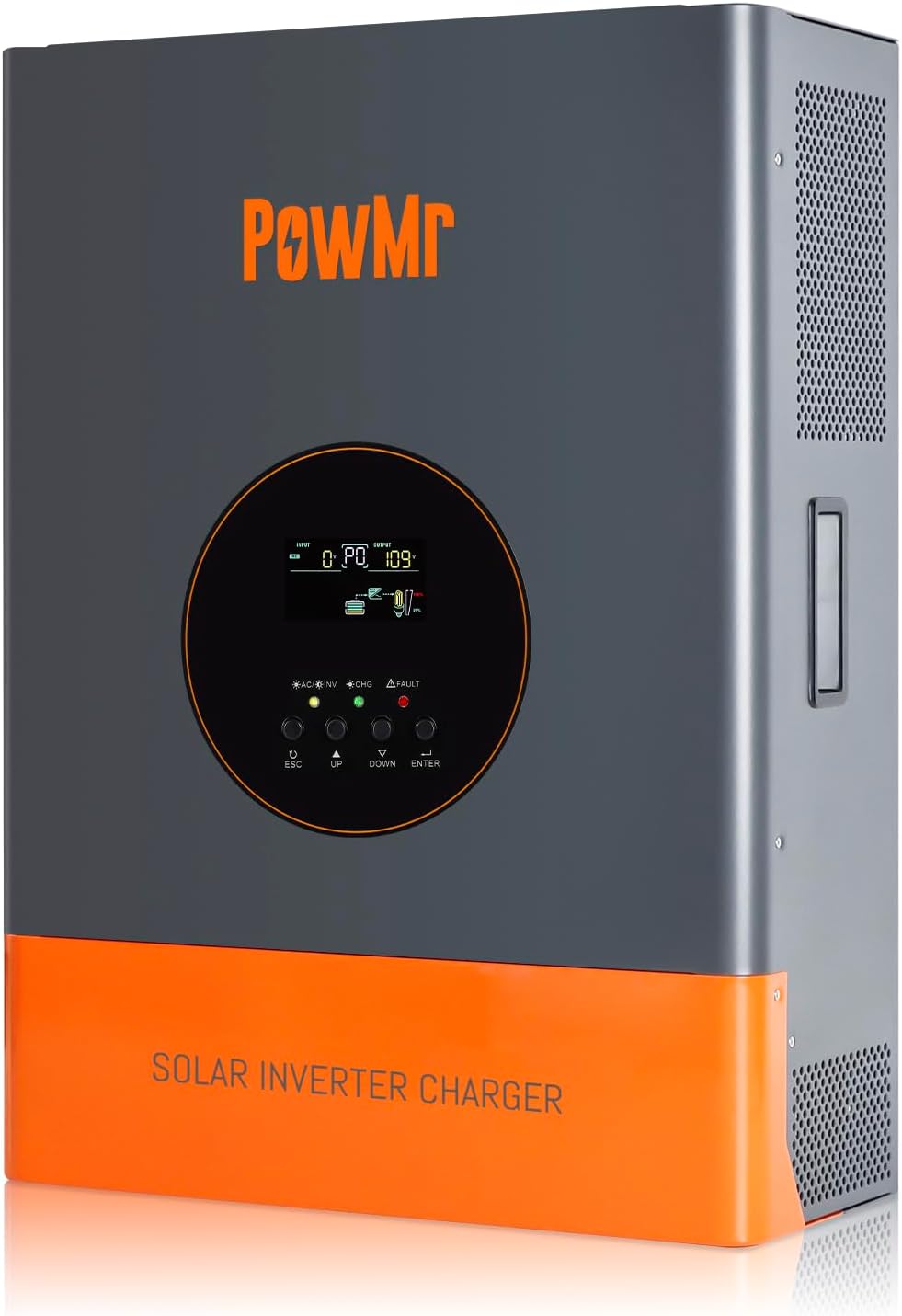 PowMr 10000W Hybrid Solar Inverter with blue metal casing showing LCD display and wiring terminals for 48V battery and solar input.
