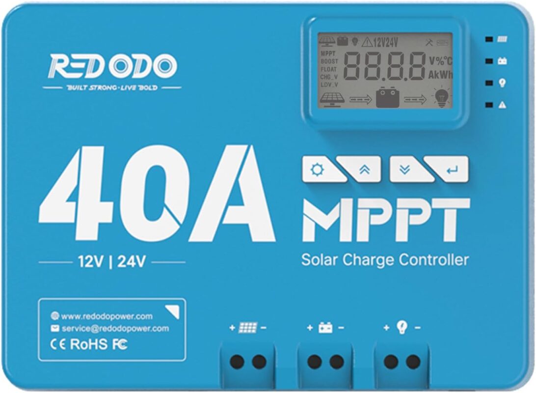 Redodo 40 Amp MPPT Solar Charge Controller with built-in Bluetooth and LCD display showing battery status.