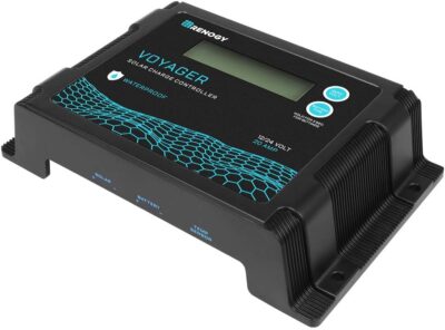 Renogy Voyager 20A Waterproof Solar Charge Controller showing the blue backlit LCD display with battery voltage stats.