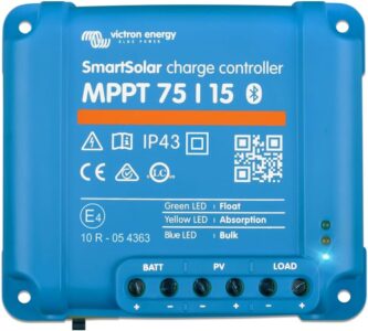 Victron Energy SmartSolar MPPT 75/15 blue charge controller with Bluetooth logo and wiring terminals shown clearly.