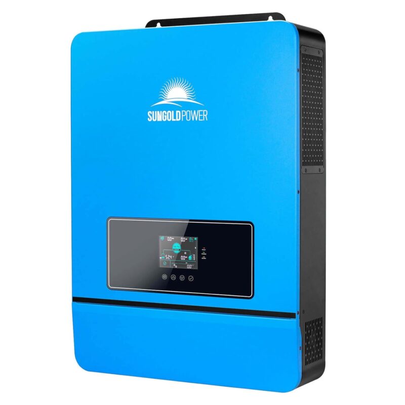 SUNGOLDPOWER 10000W 48V Solar Inverter mounted on a wall with blue metal casing and digital display showing solar power output.