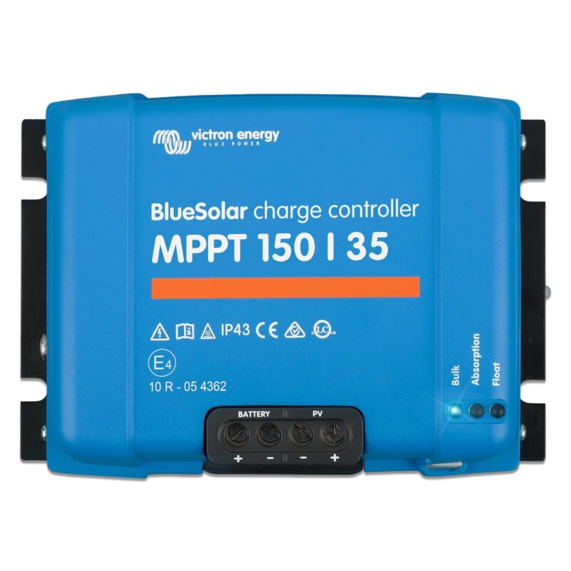 Victron Energy BlueSolar MPPT 150/35 professional charge controller showing its robust cooling fins and blue housing.