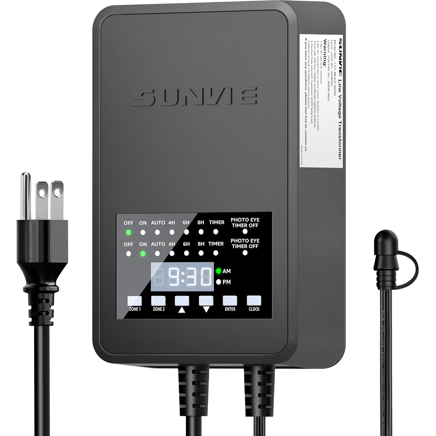 SUNVIE 300W Low Voltage Landscape Transformer with metal casing and dual output ports installed on a garden wall.