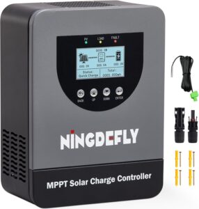 Ningdefly 60A MPPT Solar Charge Controller with backlit LCD screen showing 48V battery charging status