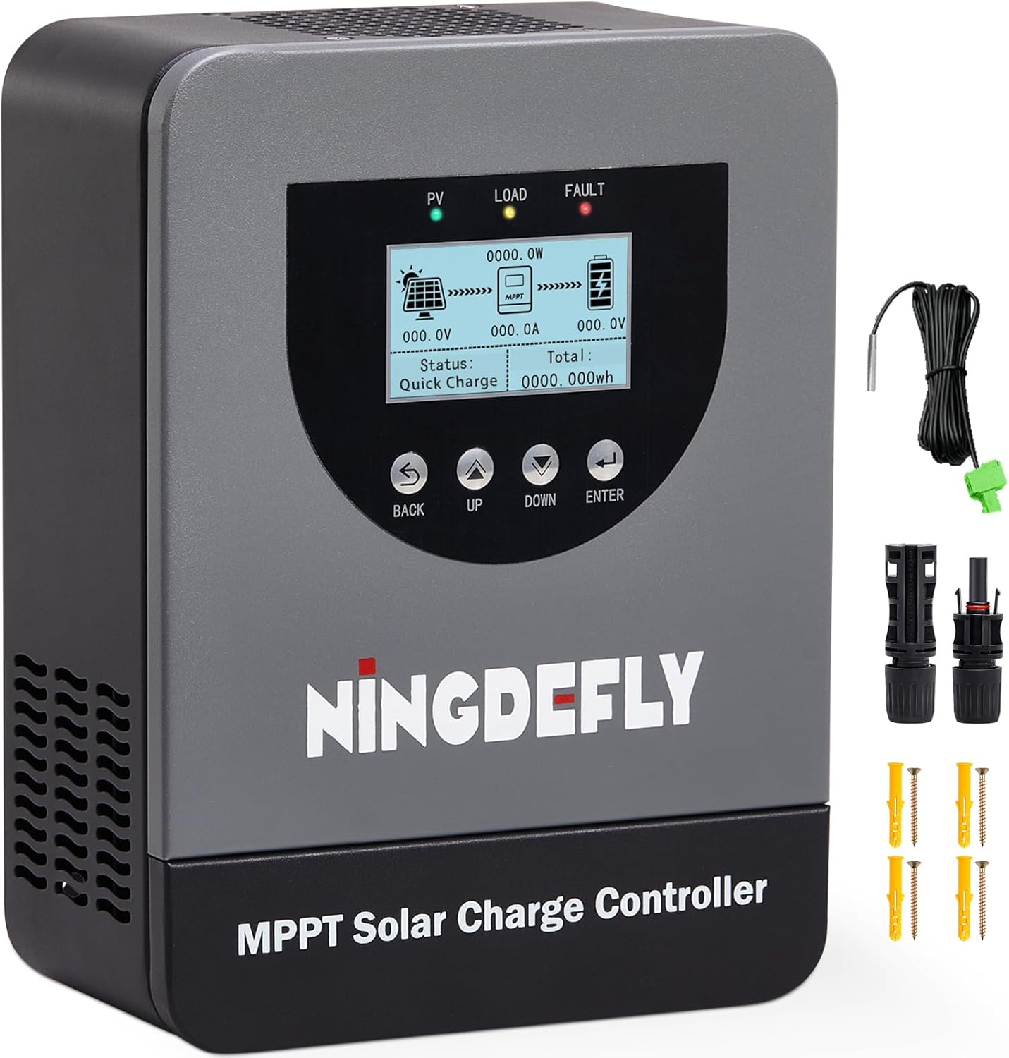 Ningdefly 60A MPPT Solar Charge Controller with backlit LCD screen showing 48V battery charging status